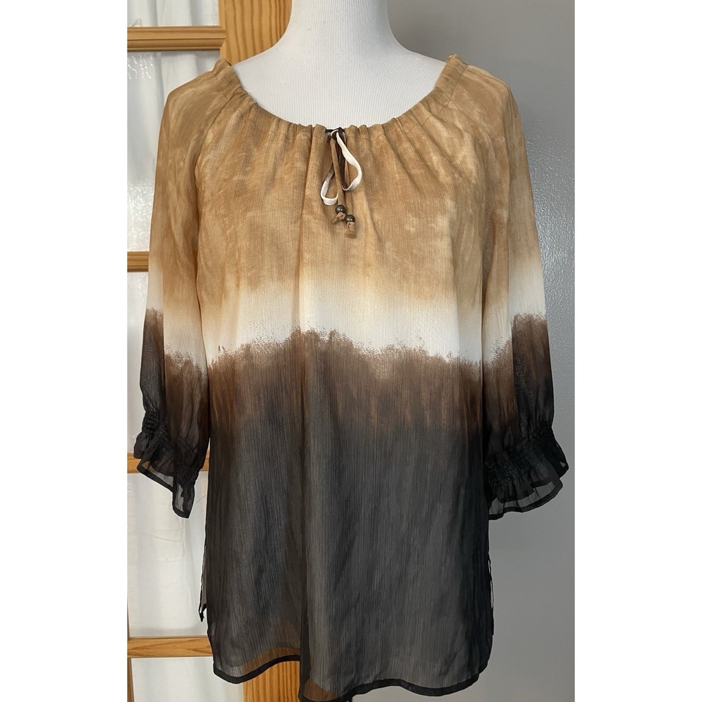 Ashley Stewart Pullover Blouse Sz S Beige Brown Drawstring Neck Relaxed Fit Boho